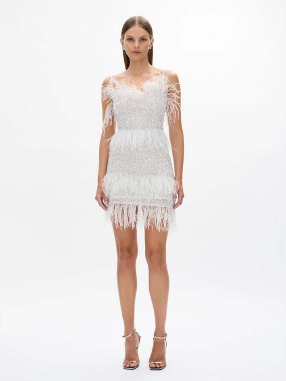 Rachel Gilbert White Crystal Feather Embellished Frenchy Mini Dress AU12/US8 NWT
